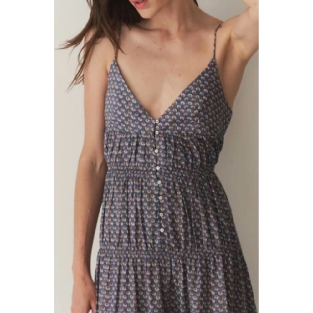 DOEN Irinia Midi Dress Dahlia Ikat Blue Floral Cotton Smocked XXS Button Front